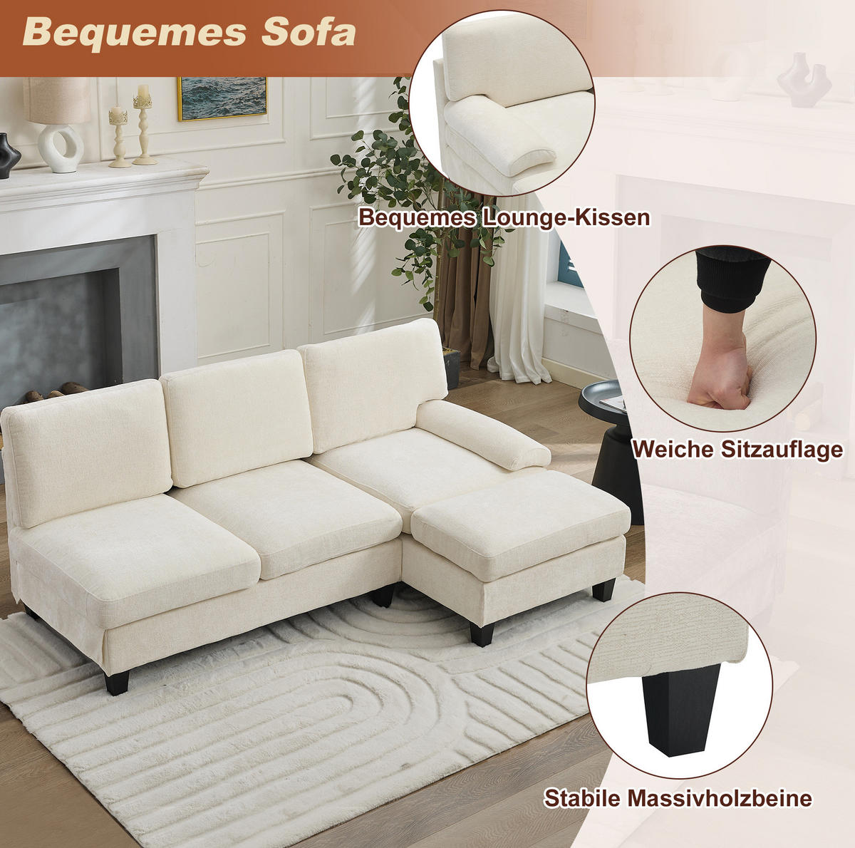 ECKSOFA L-Form, Stoff mit bequemer Polsterung, 194/118/81 cm, Beige - Beige, Textil (118/194cm) - Redom