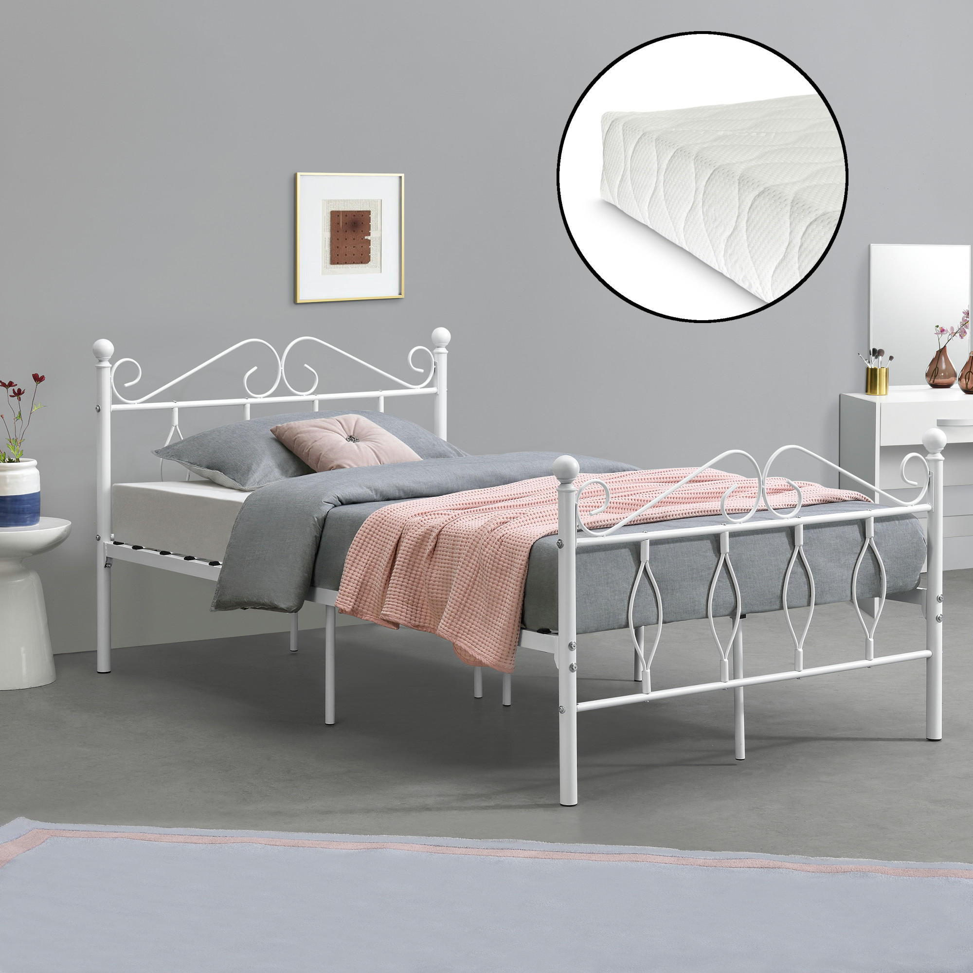 METALLBETT Apolda mit Matratze - Weiß, Textil/Metall (120/200cm) - [en.casa]