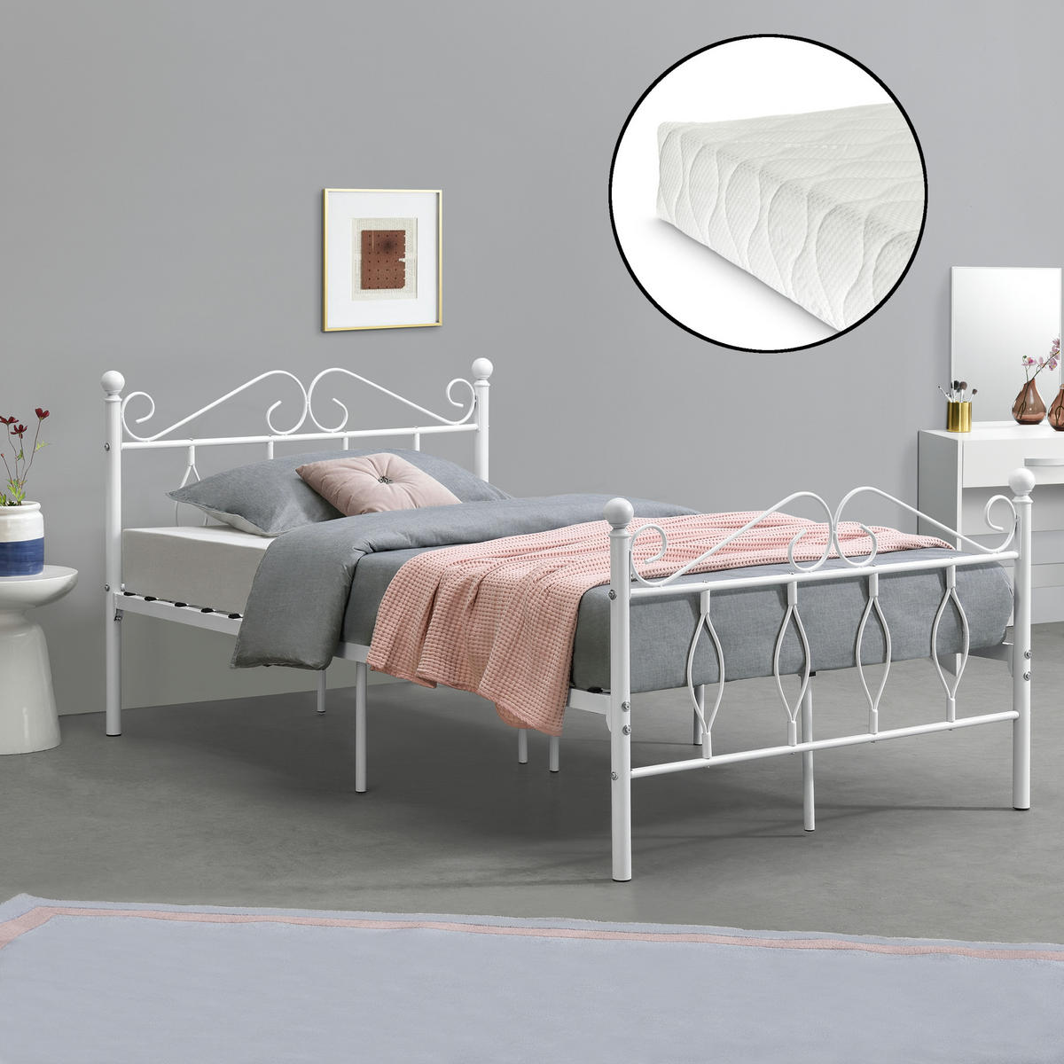 METALLBETT Apolda mit Matratze - Weiß, Textil/Metall (120/200cm) - [en.casa]
