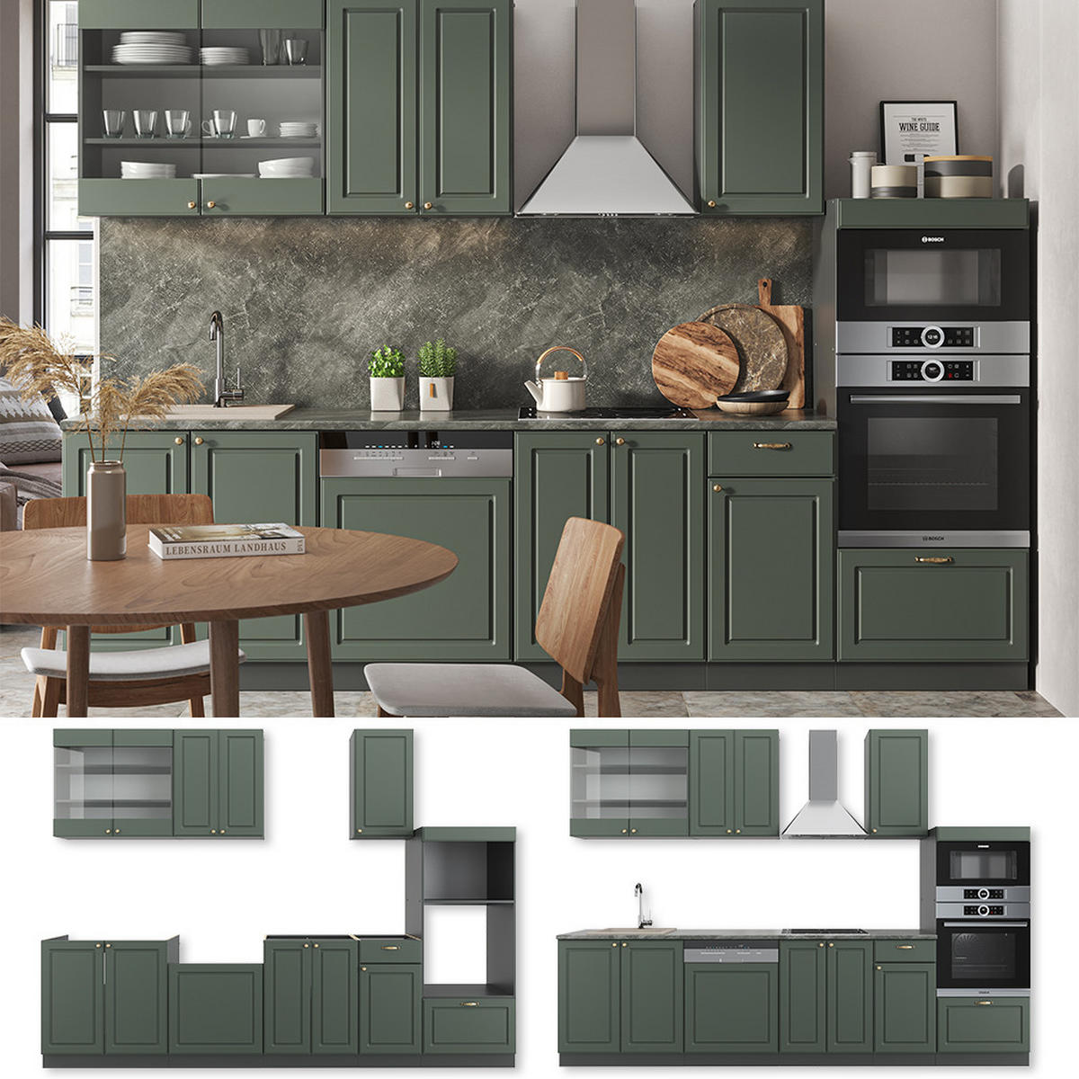 KÜCHENZEILE Fame-Line Grün-Gold Landhaus/Anthrazit 300 cm AP Marmor - Anthrazit/Grün, Holzwerkstoff (300/81.6/60cm) - Vicco