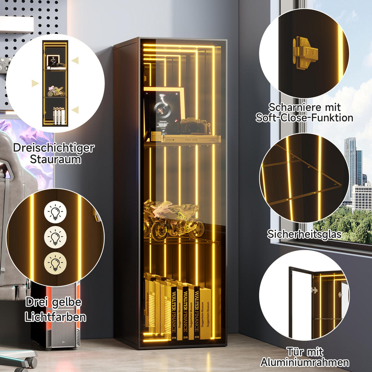 VITRINE in Schwarz Aufbewahrungsschrank mit verstellbare Einlegeböden, Scharniere mit Soft-Close-Funktion, 30/30/90 - Transparent/Naturfarben, Glas/Holzwerkstoff (30/90/30cm) - STILVORA