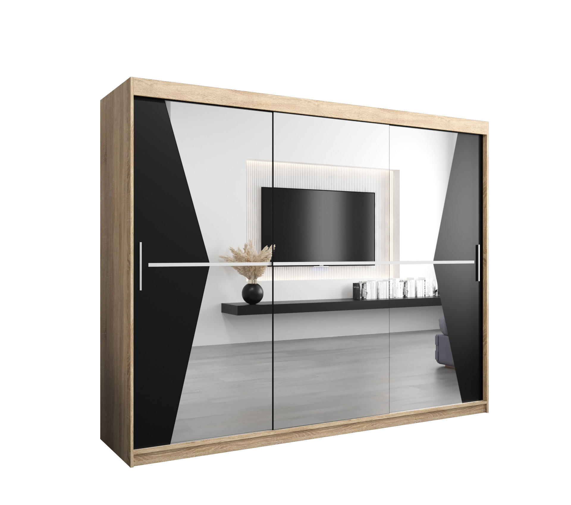 Abiks Möbel Schwebetürenschrank Sonoma Eiche, Schwarz 250x200x62 cm