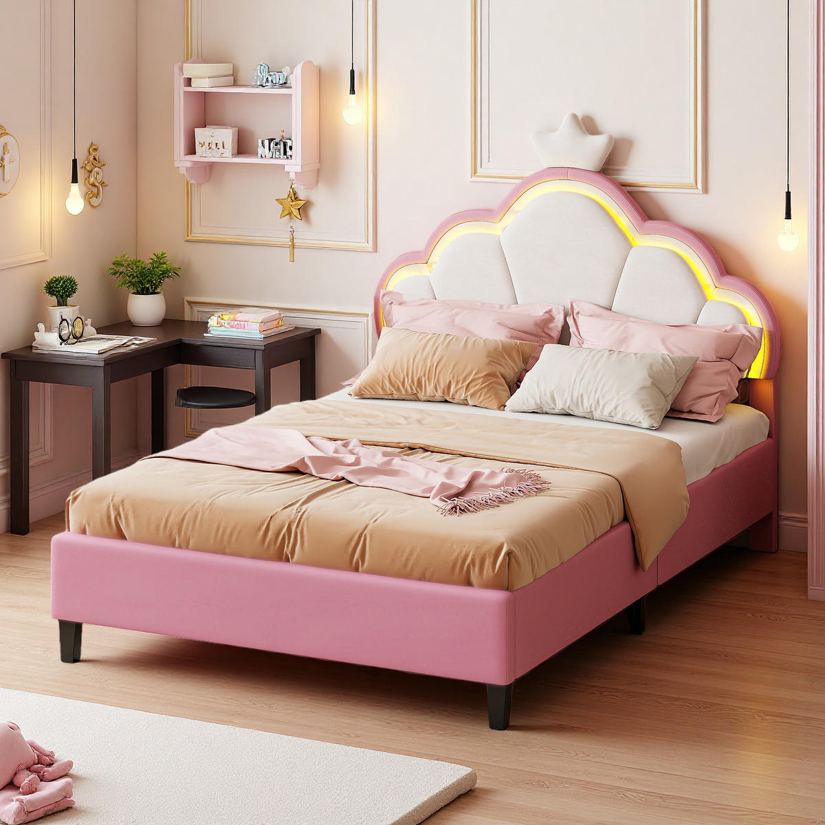 KINDERBETT 90x200 cm Krone LED Lattenrost rosa - Rosa, Holz (90/200cm) - LEBENLANG