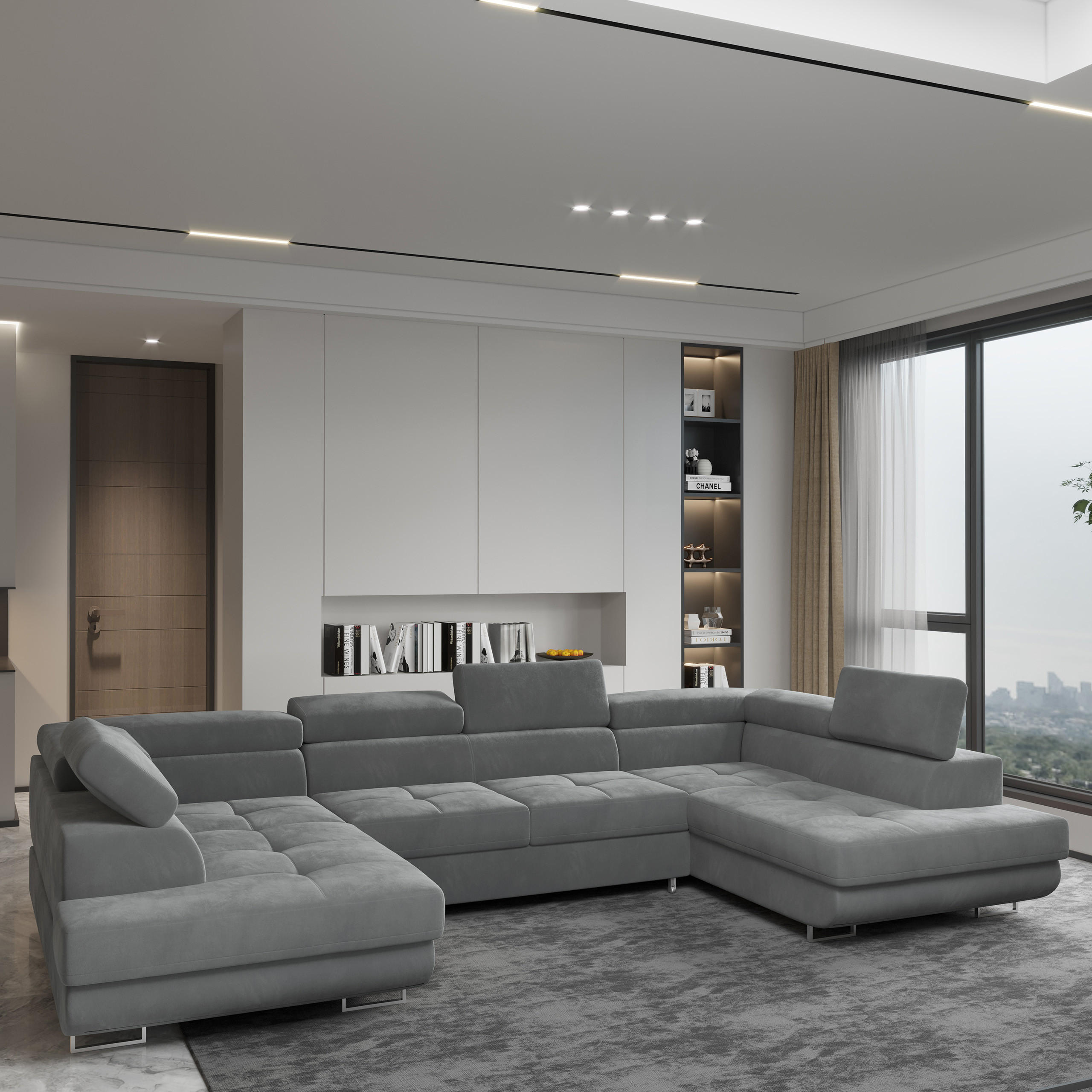 WOHNLANDSCHAFT RAGGIO Grau Velours-Stoff mit Schlaffunktion - Grau, Holz (336/90/202cm) - MASSENO