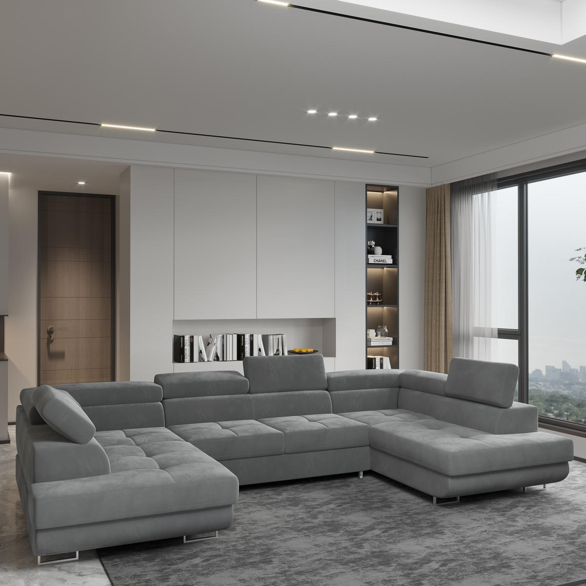 WOHNLANDSCHAFT RAGGIO Grau Velours-Stoff mit Schlaffunktion - Grau, Holz (336/90/202cm) - MASSENO