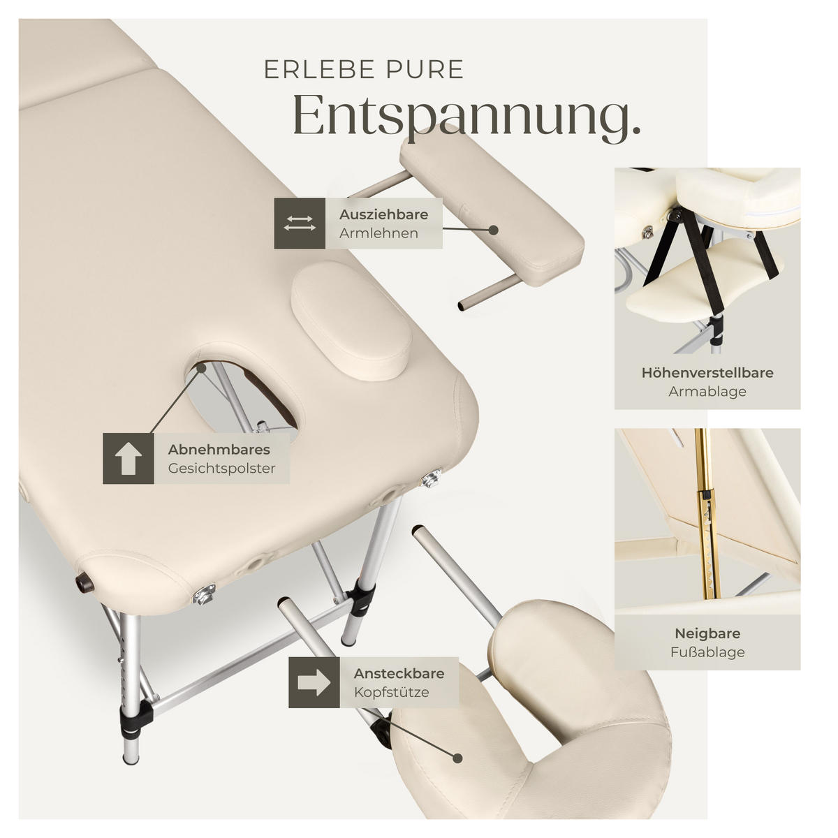 MASSAGELIEGE 3 Zonen, 210 x 95 x 90 cm,beige - Beige, Metall (61/68/180cm) - tectake