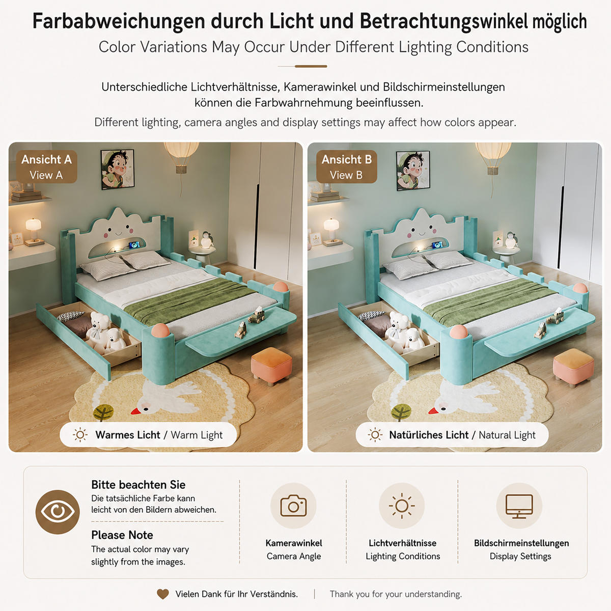 POLSTERBETT 140/200 cm in Blaugrün mit LED, USB, Stauraum-Schublade, klappbarer Ablage und Fallschutz aus Samt - Blau/Grün, Holzwerkstoff/Textil - STILVORA