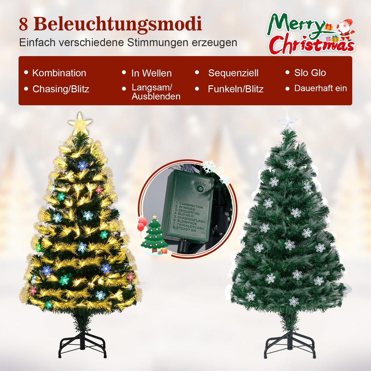 WEIHNACHTSBAUM Tannenform mit 8 Lichtmodi 120 cm warmweiße Glasfaser - Grün, Metall (120cm) - COSTWAY