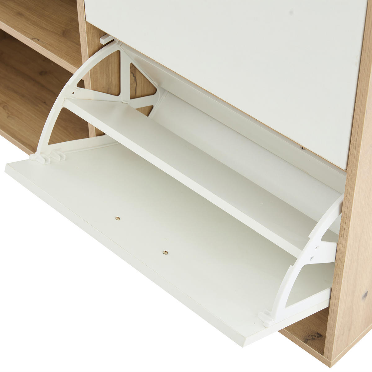 GARDEROBEN-SET 100 cm Weiß Hochglanz & Natur – Kompaktgarderobe mit Spiegel, Schuhbank & Klapptüren - Naturfarben, Holzwerkstoff (100/190/38.5cm) - Urban Meuble