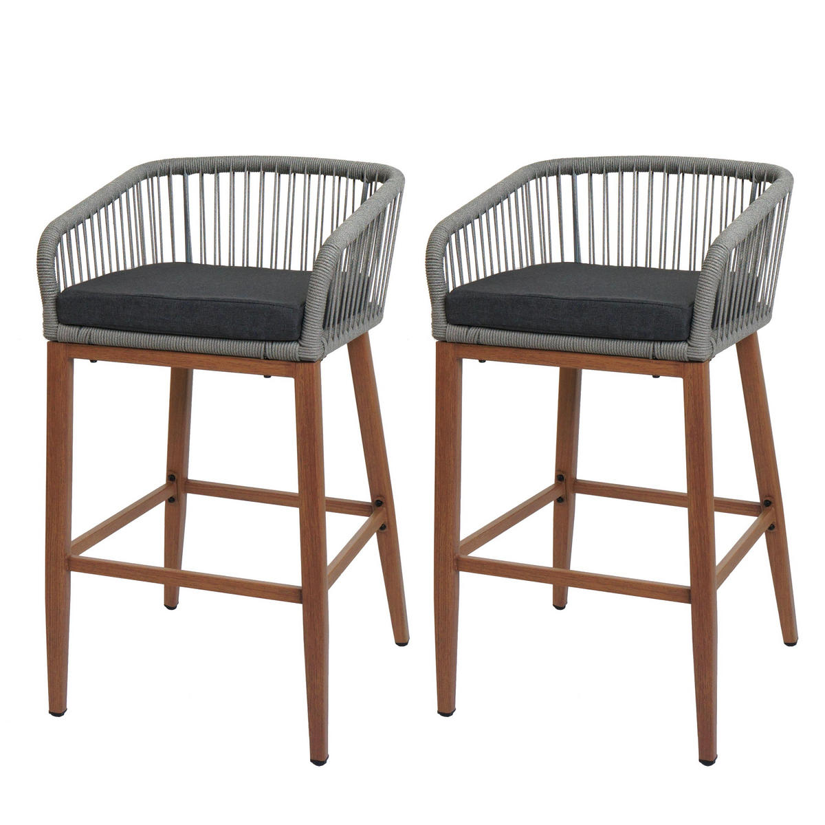 GARTENSTUHL 2er-Set HxBxT 92x51x53cm Sitzhöhe 76cm Hellgrau Kissen Dunkelgrau Seilgeflecht Metall Holz-Optik - Hellgrau, Metall (51/92/53cm) - PROREGAL