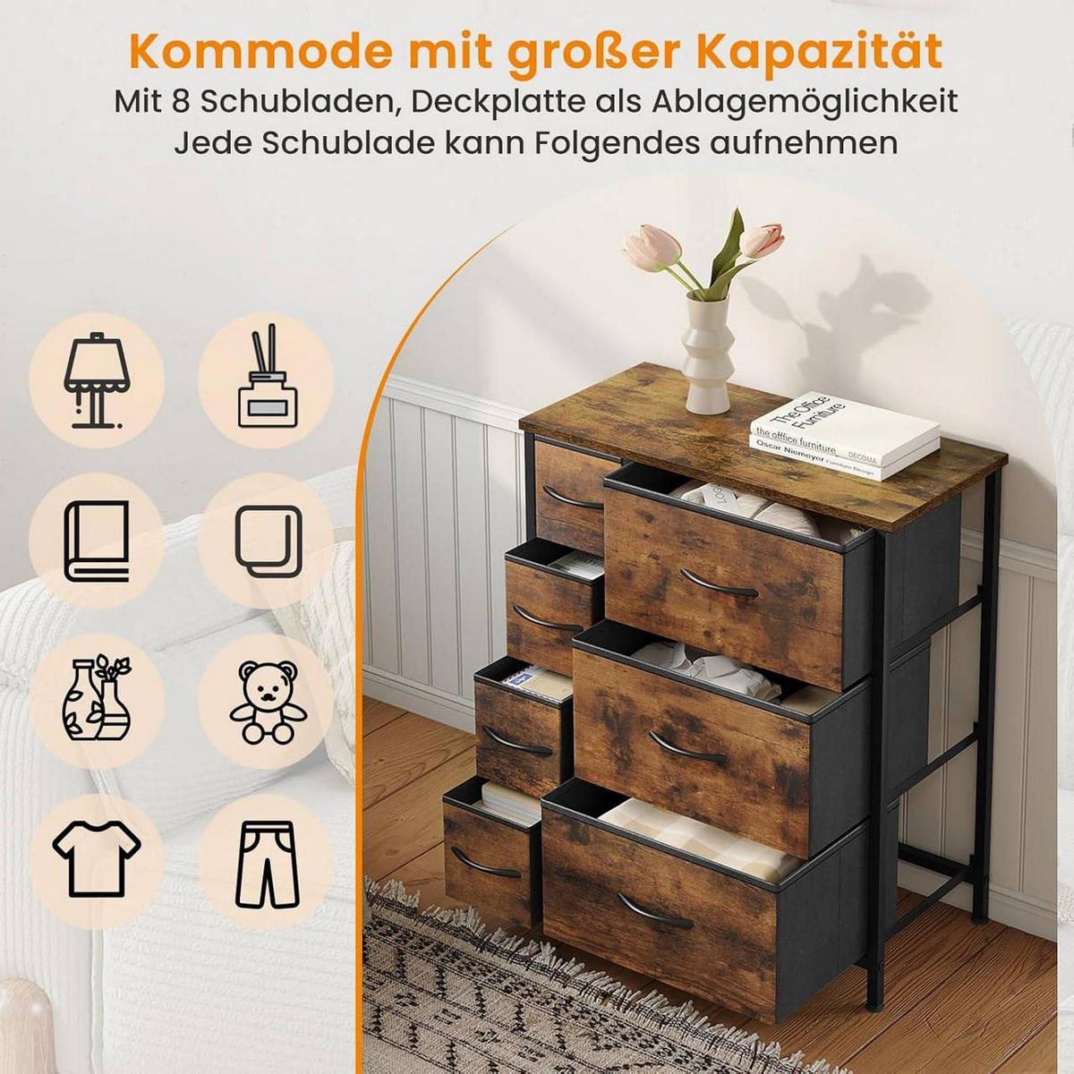 KOMMODE mit 7 Schubladen aus Stoff, Vintagebraun - Schwarz/Braun, Holzwerkstoff/Textil (63.5/73/30cm) - Woltu