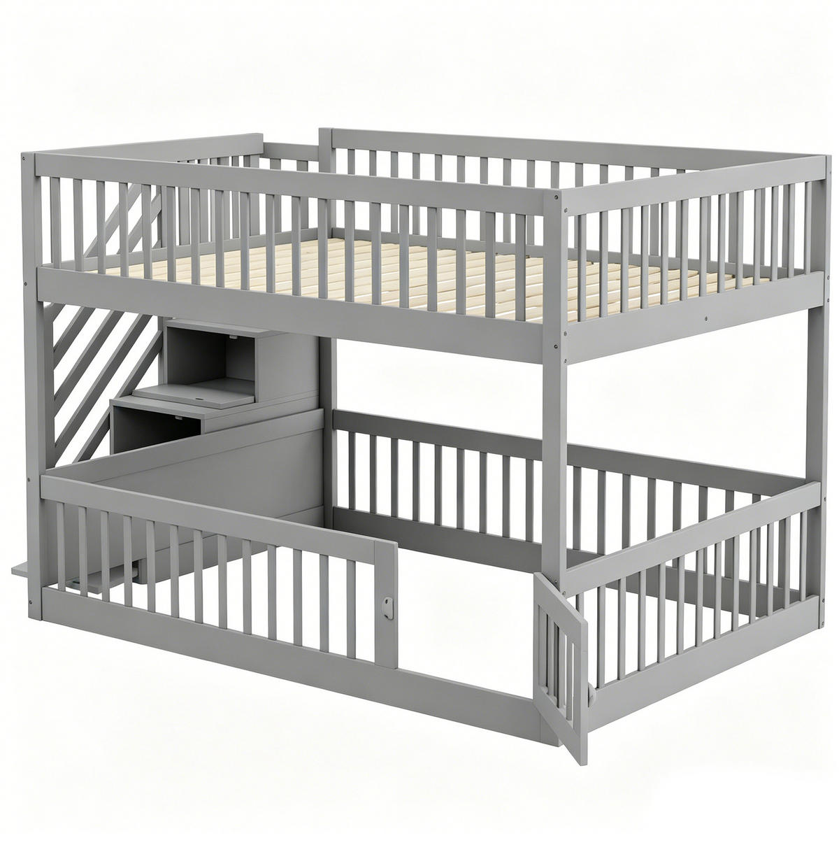 ETAGENBETT 140/200 cm grau aus Massivholz mit Stauraumtreppe - Grau, Holzwerkstoff (140/200cm) - OKWISH