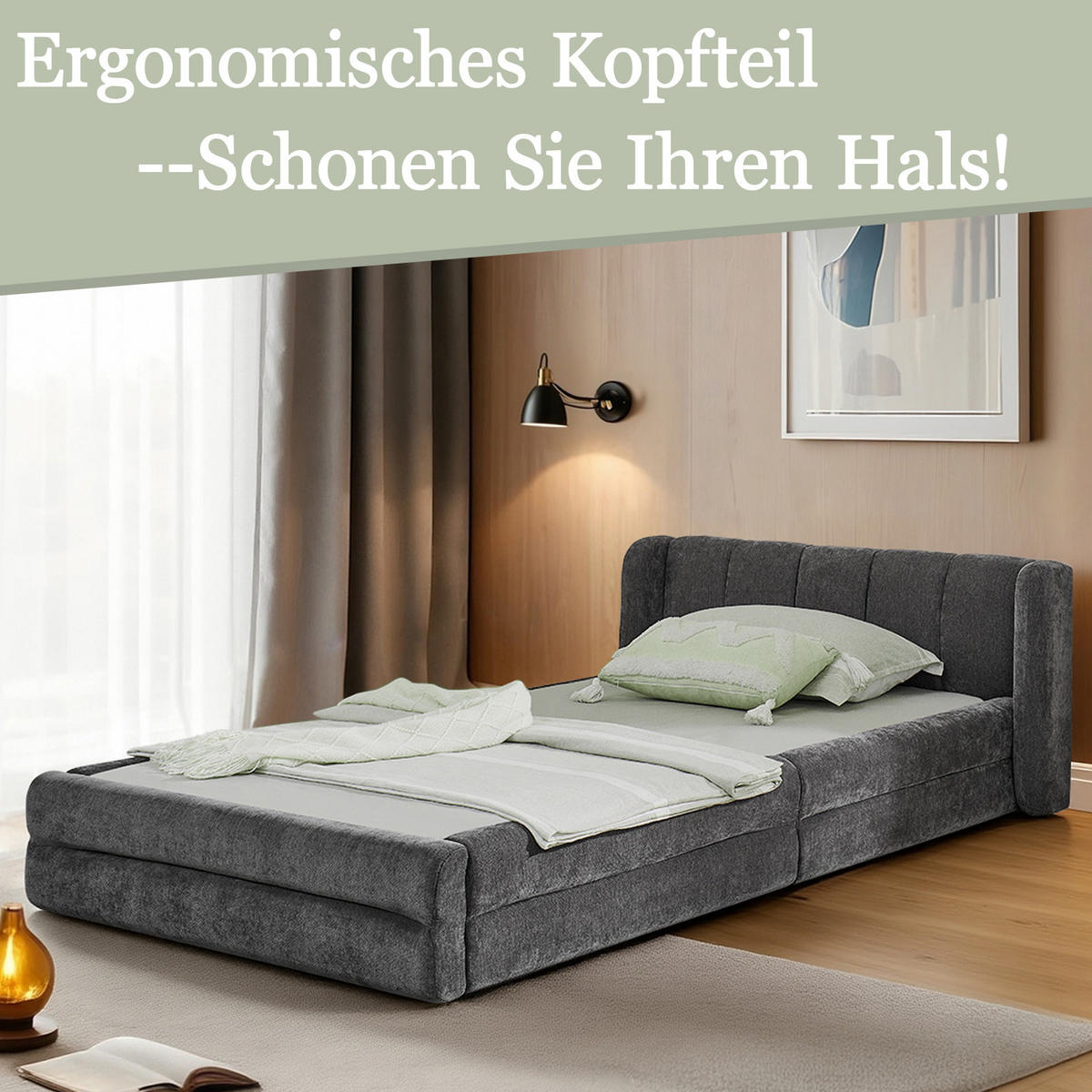 EINZELBETT 90x200 cm Chenille Rückenlehne grau - Dunkelgrau, Kunststoff (90/200cm) - LEBENLANG