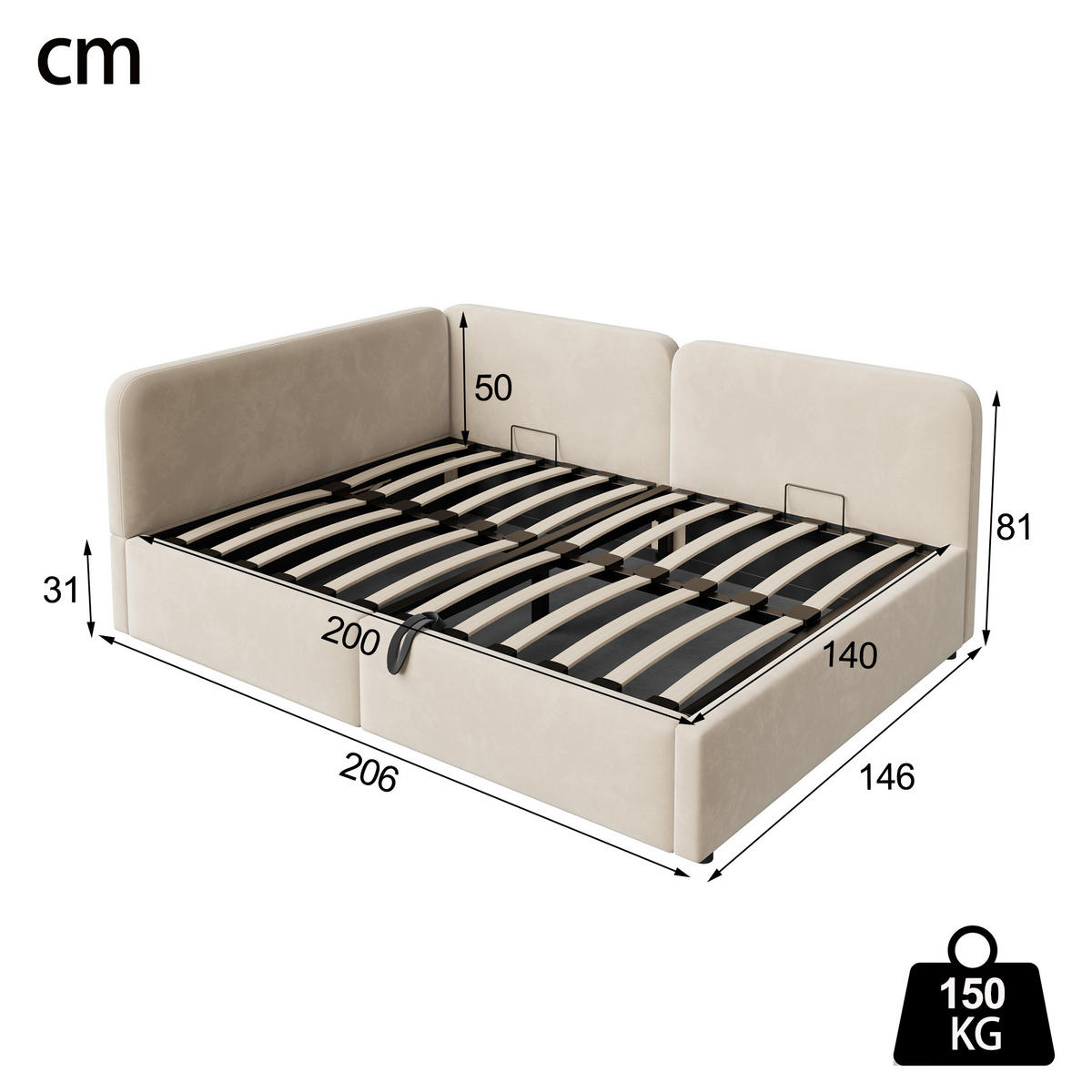 POLSTERBETT 140/200 cm DE-33056 mit Stauraum und Samt Beige - Beige, Metall (140/200cm) - ComfortXL