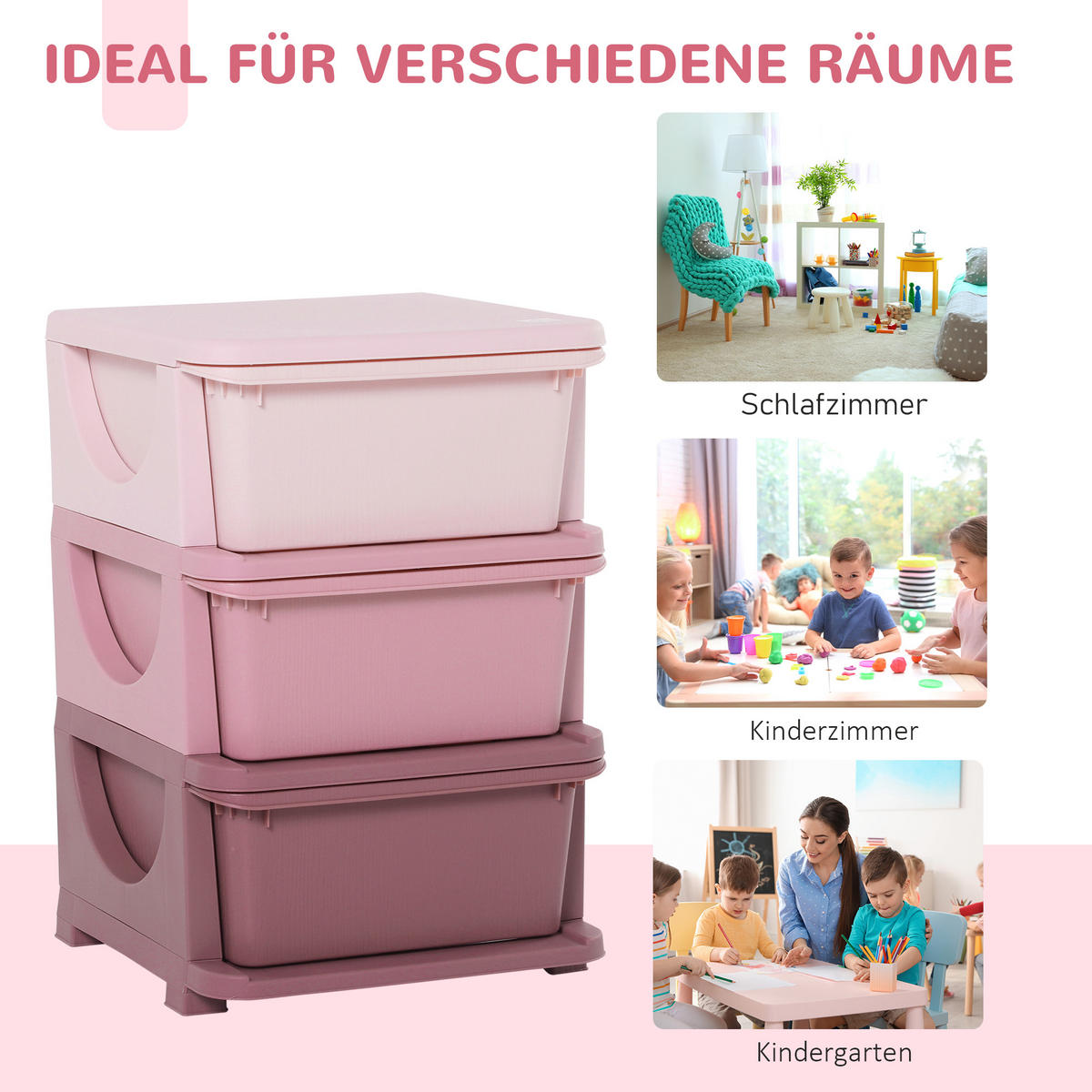 AUFBEWAHRUNGSBOXEN für Kinder, 3 große Schubladen, Kunststoff, Rosa - Rosa, Kunststoff (37/56.5/37cm) - HOMCOM