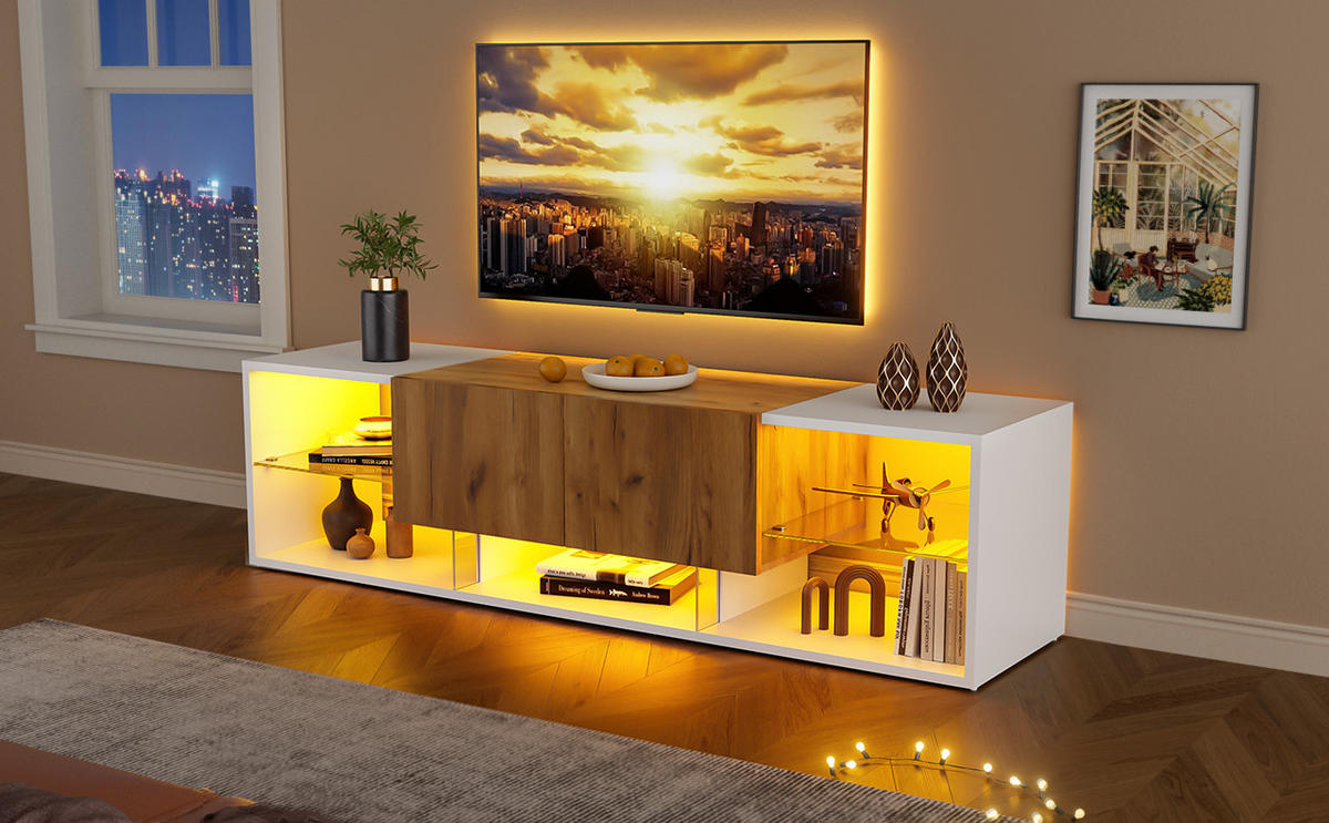 TV-SCHRANK in Weiß/Eicheoptik mit LED und 2 Schubladen 160/40/42 cm - Weiß, Holzwerkstoff (160/42/40cm) - Redom