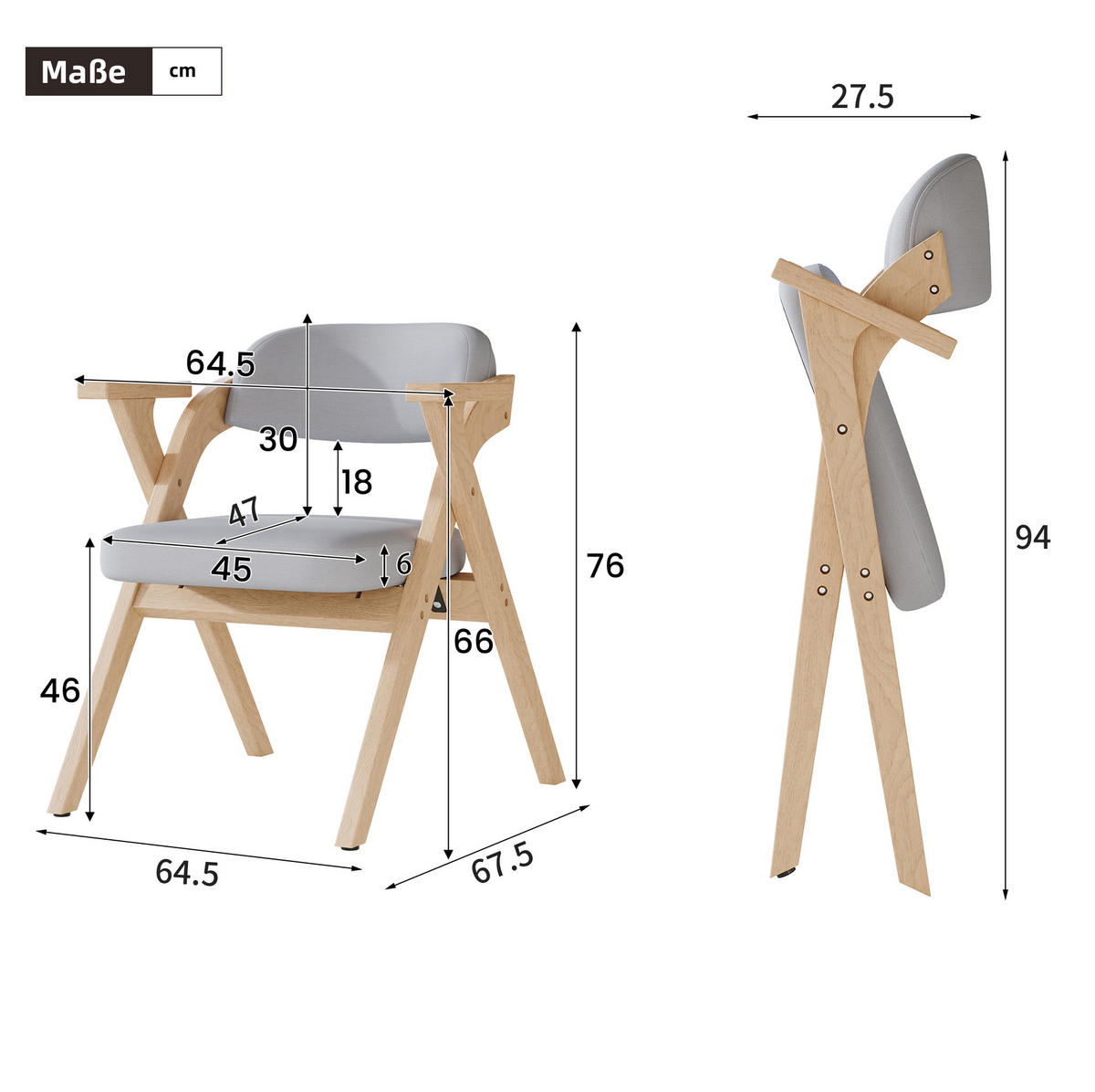 ESSZIMMERSTUHL klappbar 6er-Set Massivholz Leinen Grau - Grau, Holz (66.5/76/63.5cm) - Meubliv