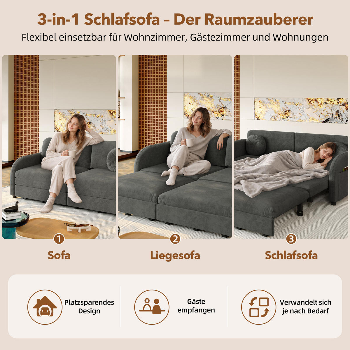 SCHLAFSOFA 166/84/90 cm Grau Chenille mit losen Kissen und Stautaschen an beiden Seiten - Grau, Textil (84/90/166cm) - Oxeza