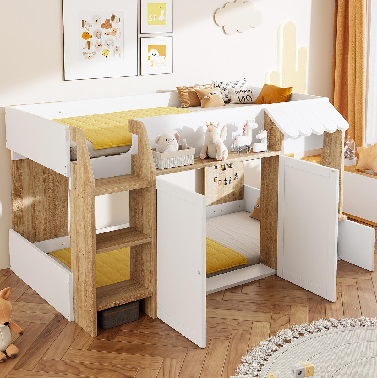 HAUSBETT Hausförmig 90/200 cm Weiß/Natur mit Stauraum ohne Matratze - Weiß, Holz (90/200cm) - MIVRAY