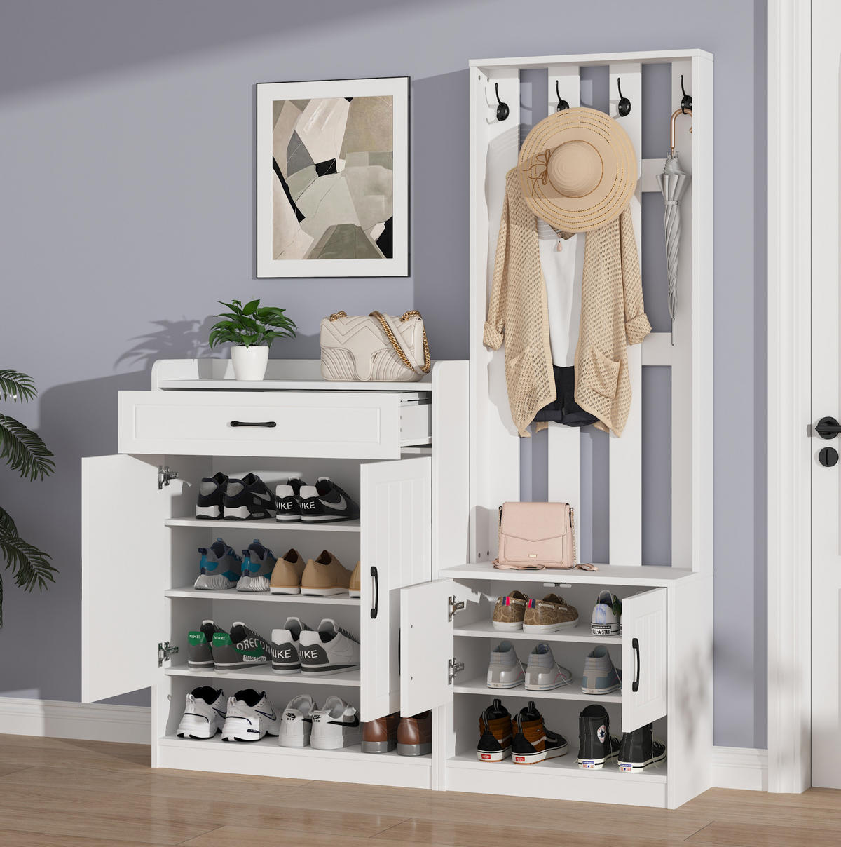 GARDEROBE 140/180/30,5 cm Weiß aus Spanplatte mit Schuhschrank und Sitzbank 3er Set - Weiß, Holzwerkstoff (30.5/180/140.6cm) - OKMYHOME