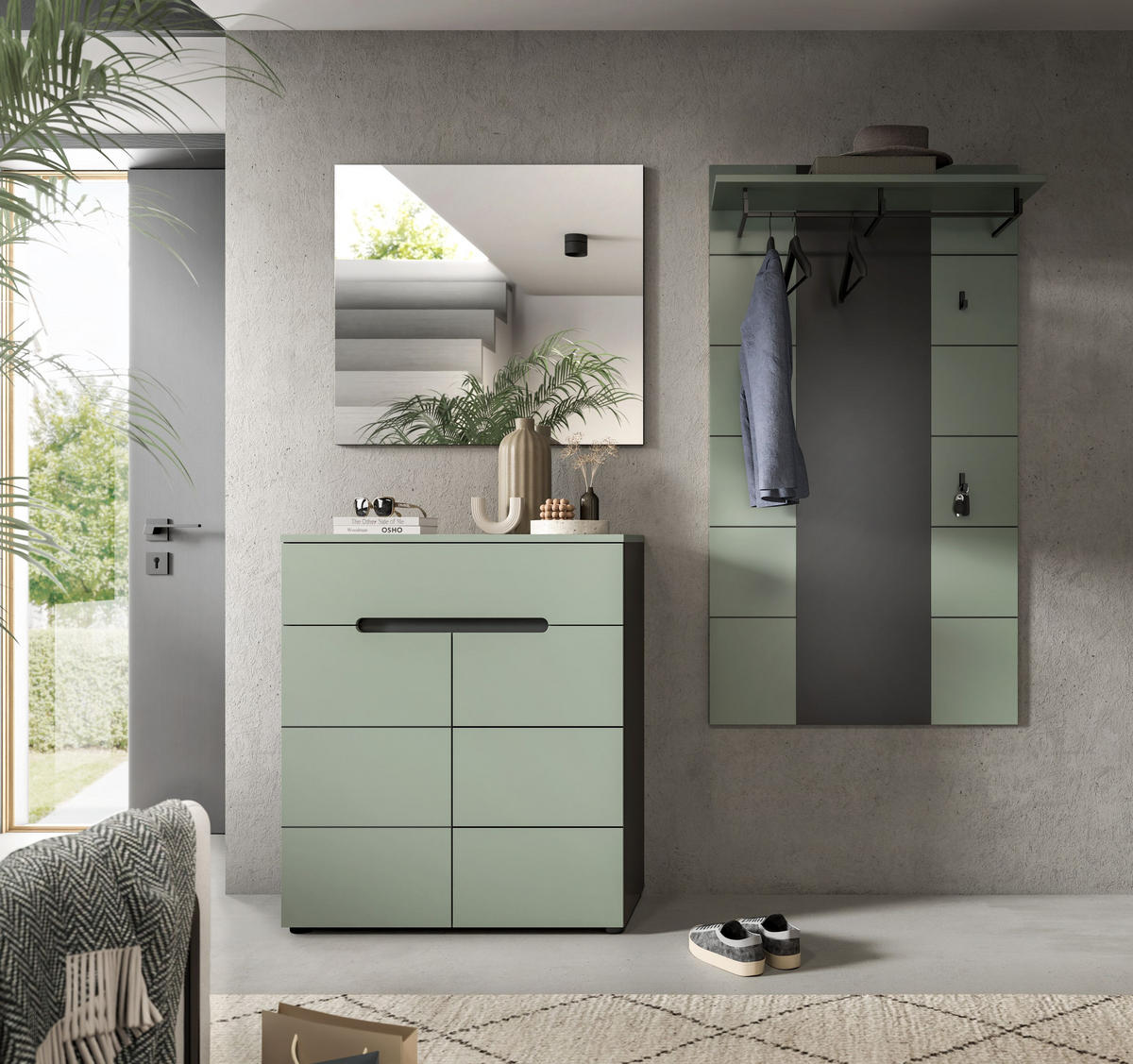 GARDEROBE Nova 3-tlg. (B/H/T: ca. 175/190/37 cm) in Basalt grau/Smoke Green - Grau, Holzwerkstoff (175/190/37cm)