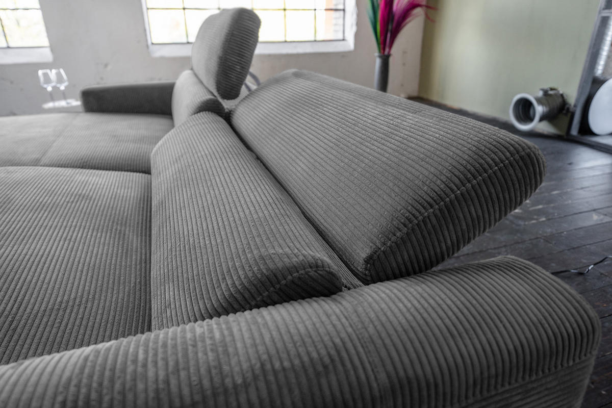 ECKSOFA LAISKA Grau Cord Relaxfunktion - Schwarz/Grau, Textil/Metall (282/177cm) - KAWOLA