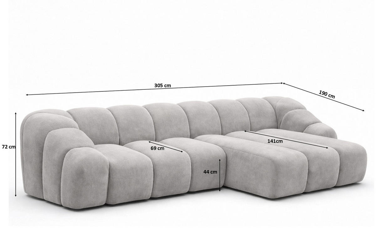 ECKSOFA Modulare L-Form, Veloursstoff Bluvel, Grau, Rechts, CROISSANT L - Grau, Holz (305/190cm) - Kaiser Möbel
