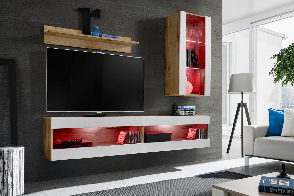 WOHNWAND 4-er Set, TIVOLI SET5 mit mehrfarbige LED RGB Beleuchtung Wotan + Weiß, Offener Raum - Eiche Wotan/Weiß, Glas/Holzwerkstoff (240/195/35cm) - Komodee