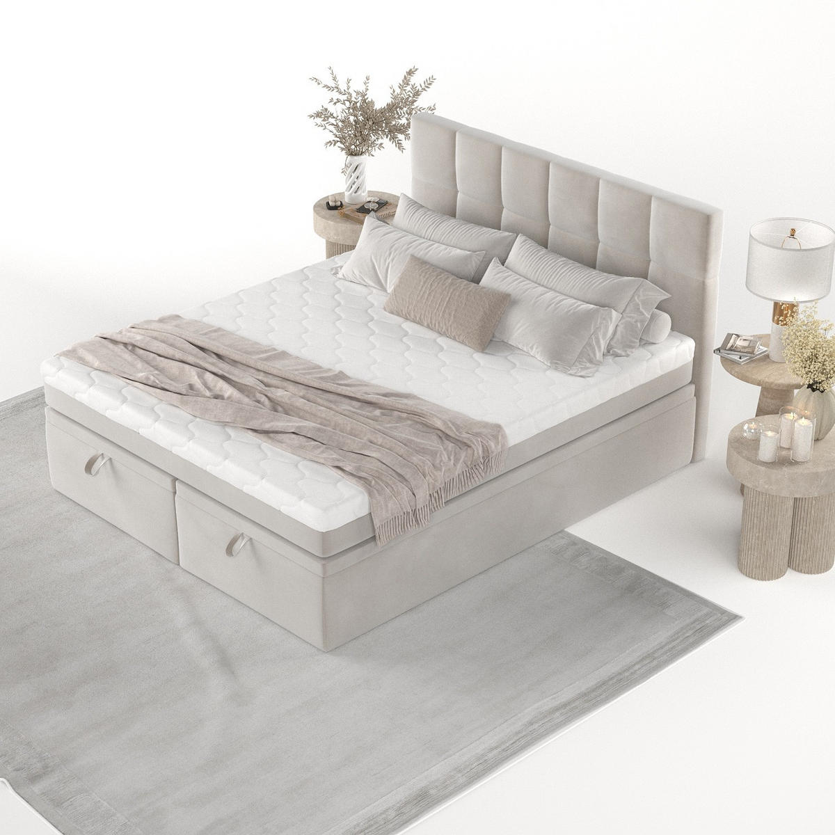 BOXBETT Elano 200/200 cm Hellbeige im Paros Stoff - Beige/Schwarz, Holz/Holzwerkstoff (200/200cm) - AltaBeds