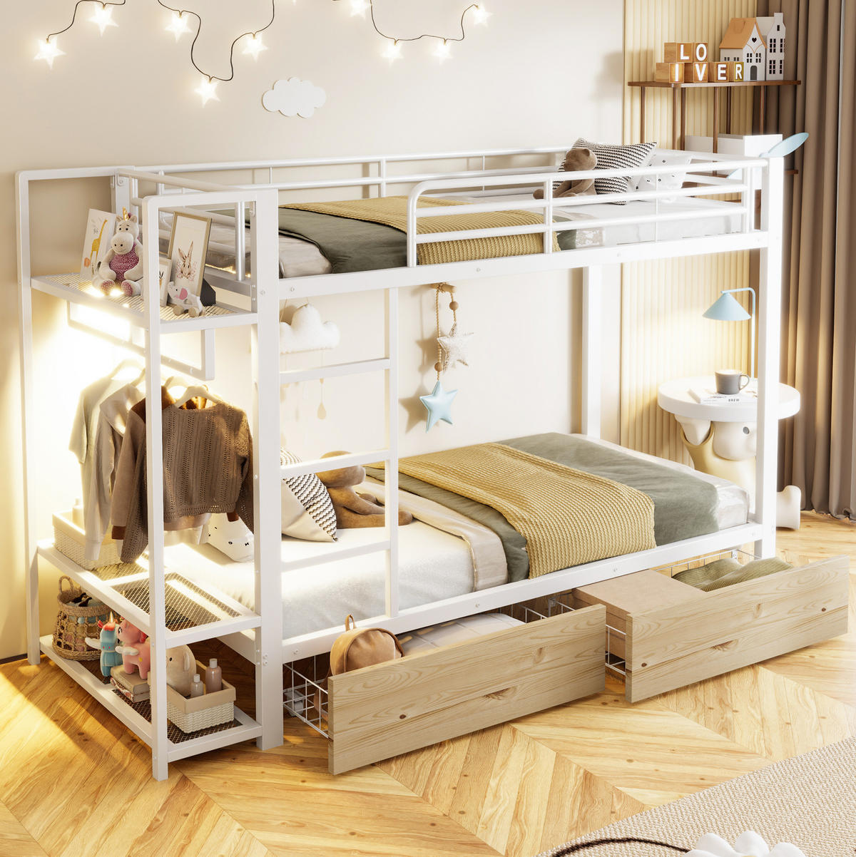 ETAGENBETT 90/200 cm weiß aus Metall mit LED und Stauraum - Weiß, Metall (90/200cm) - OKWISH