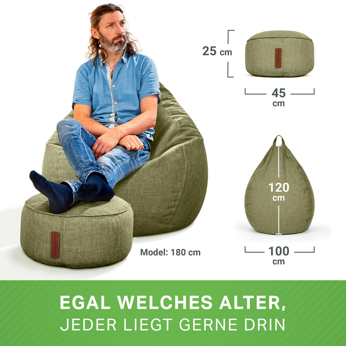 XXL-SITZSACK Indoor "Home Linen“+Hocker - Grün, Textil (100/120/50cm) - Green Bean