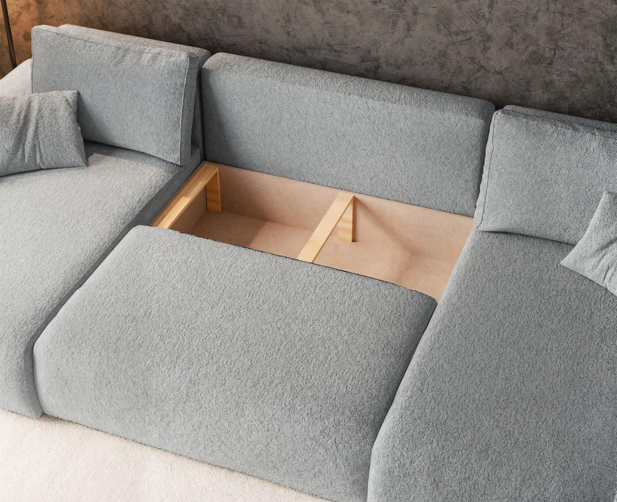 WOHNLANDSCHAFT Pianoni Hellgrau Bouclé-Bezug - Hellgrau/Schwarz, Kunststoff/Textil (312/83/140cm) - Selsey