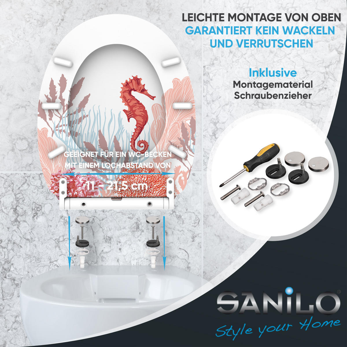 WC-SITZ mit Absenkautomatik & Top Fix Sea Horse - Weiß, Holzwerkstoff (37.7/5.5/48cm) - Sanilo