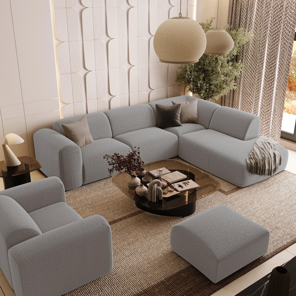 ECKSOFA RECHTS Rastergewebe Hellgrau 269cm - Hellgrau/Grau, Textil (269/221cm) - Sia Home