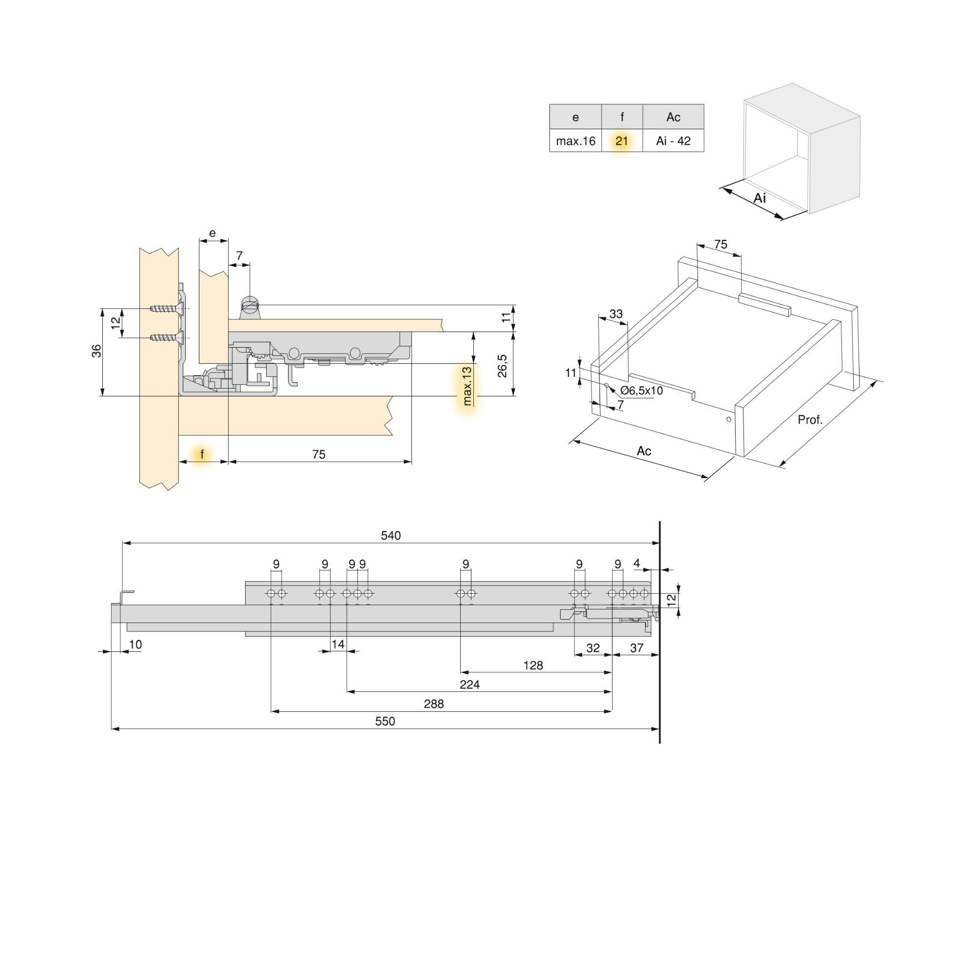 UNTERFLURFÜHRUNGEN Silver, Vollauszug, mit Schließautomatik und Halterung, Tiefe 540mm, Stahl, Verzinkt - Zinkfarben, Metall (2.65/4/54cm) - EMUCA