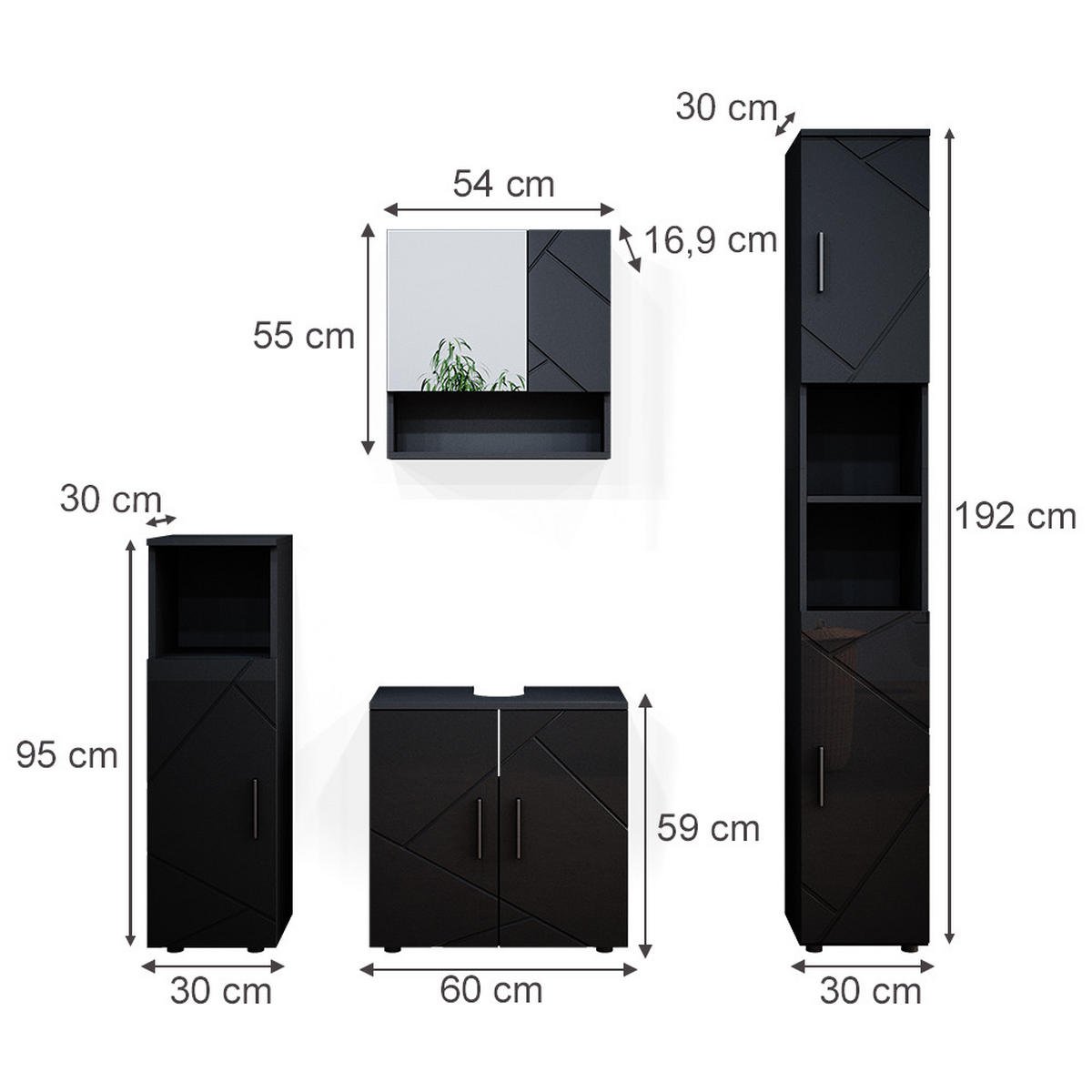 BADMÖBEL-SET Irma Anthrazit Hochglanz 4 Teile, mit Hochschrank - Anthrazit, Holzwerkstoff (80/58.6/41cm) - Vicco