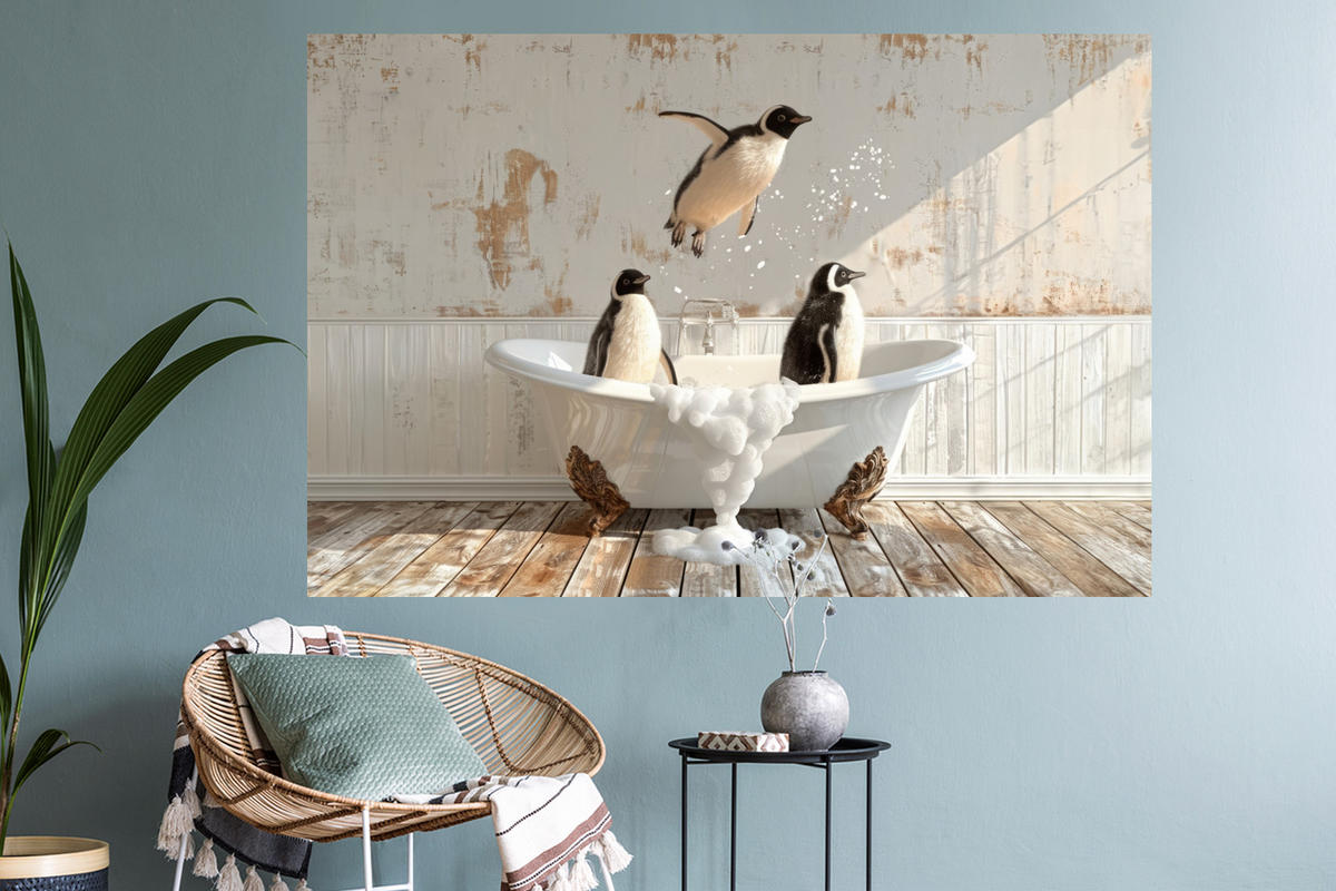 WANDTATTOO Vintage - Pinguin - Badewanne - Schaumstoff 120x80 cm - Schwarz, Kunststoff (120/80/0.1cm) - MuchoWow