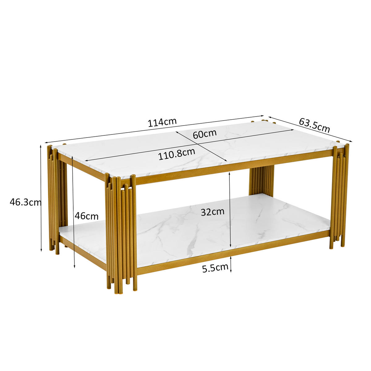 COUCHTISCH in Weiß-Gold Wohnzimmertisch mit Metallbeinen für Wohnzimmer, B140/T64/H46cm - Goldfarben/Weiß, Holzwerkstoff/Metall (64/114/46cm) - STILVORA
