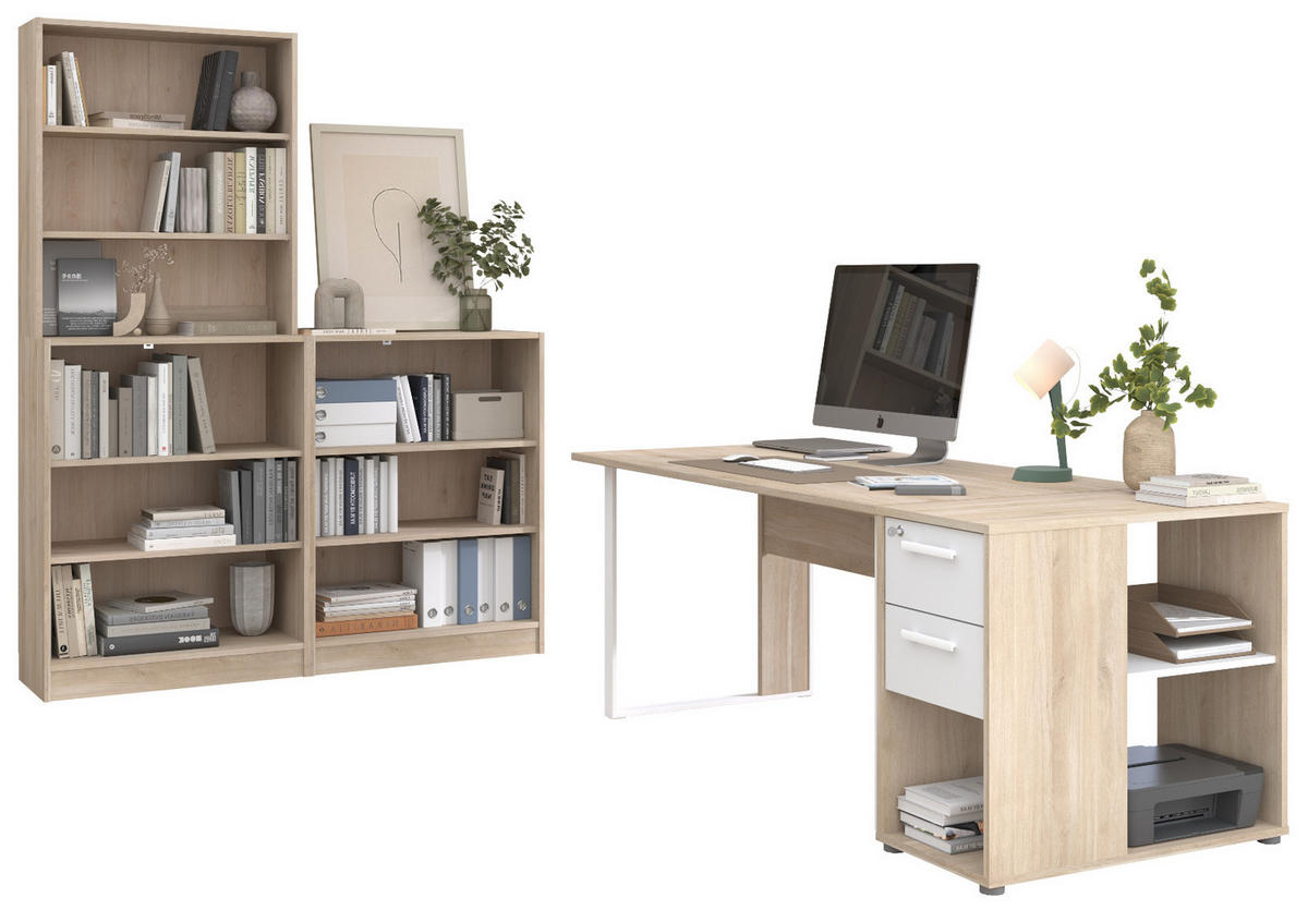 BÜROMÖBEL-SET Eiche japanisch, weiß, Schreibtisch-Kombination mit viel Stauraum - Eichefarben/Weiß, Holzwerkstoff/Kunststoff (80/150/104cm) - Parisot Meuble