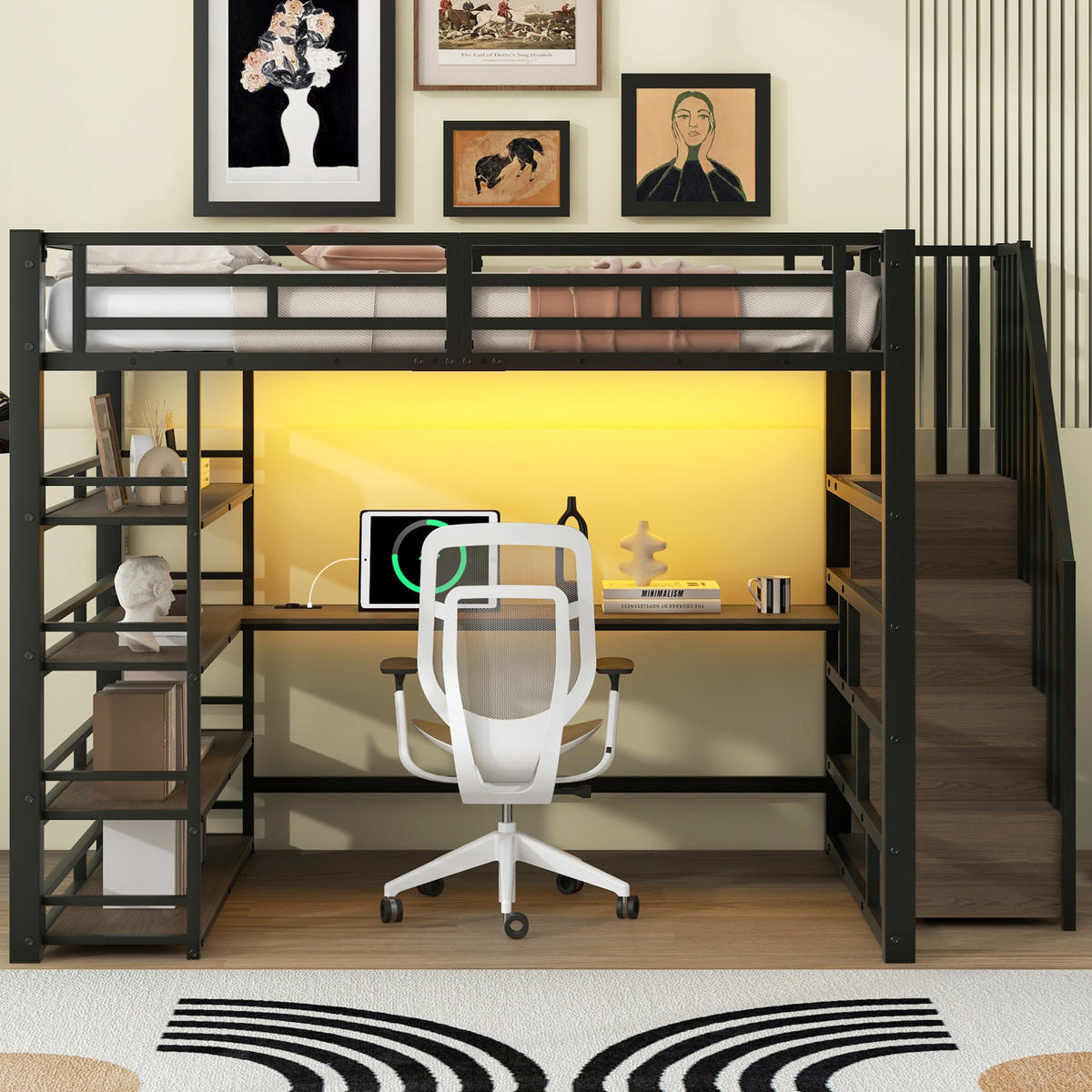 HOCHBETT 140/200 cm aus Metall und MDF mit Schreibtisch, Treppe, LED-Licht und Stauraum Schwarz - Schwarz, Holzwerkstoff (140/200cm) - Modenvie