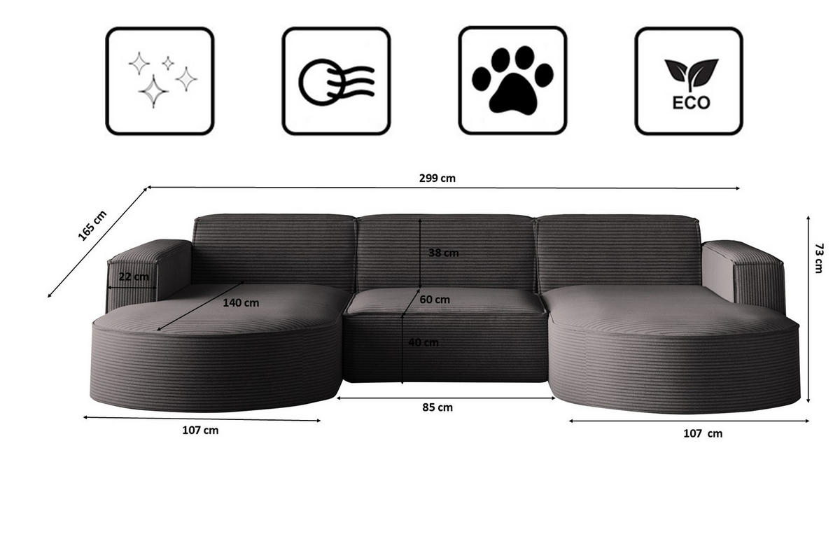 ECKSOFA Designer MODENA U STUDIO Stoff Dicker Cord Dunkelgrau - Dunkelgrau, Holz (165/299cm) - Kaiser Möbel