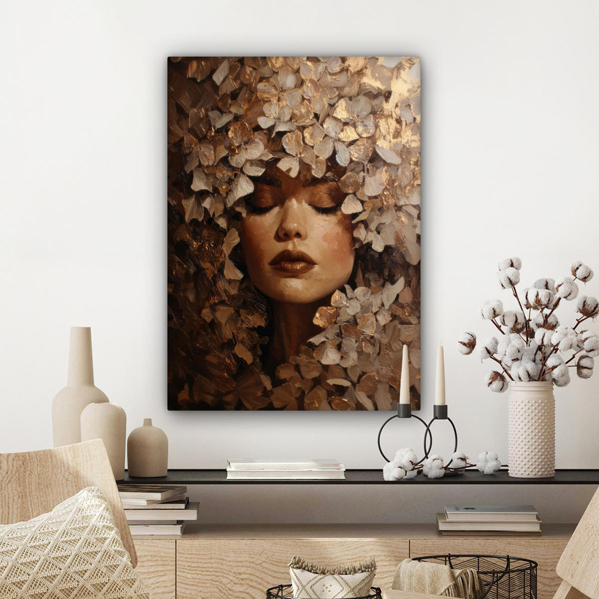 LEINWANDBILD Gesicht - Dame - Blätter - Pinselstriche Wandbild Wohnzimmer 60x80 cm - Goldfarben, Textil (60/80cm) - MuchoWow