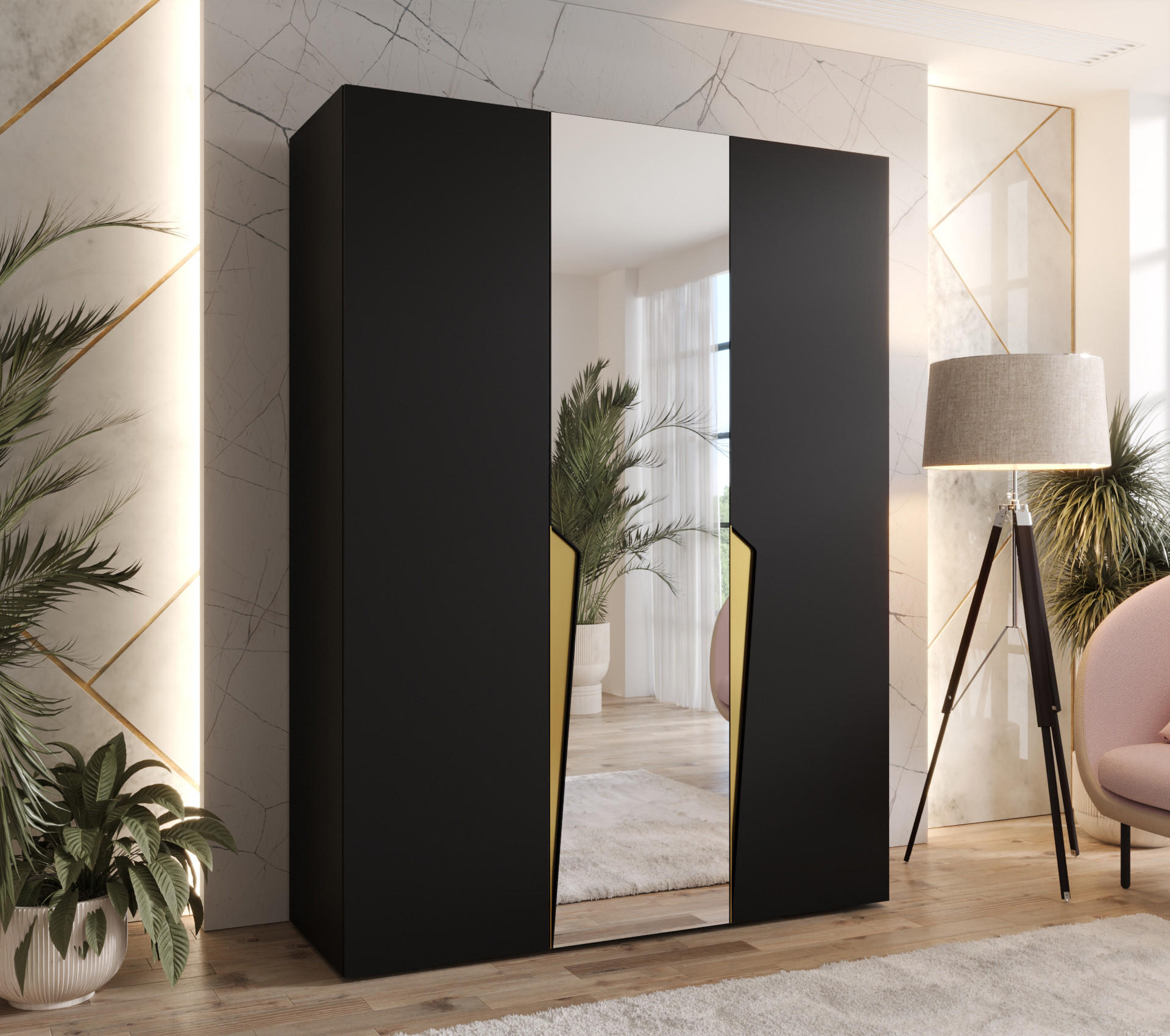 DREHTÜRENSCHRANK 202/150/52 3-türig - Goldfarben/Schwarz, Holz/Metall (150/202/52cm) - Abiks Möbel