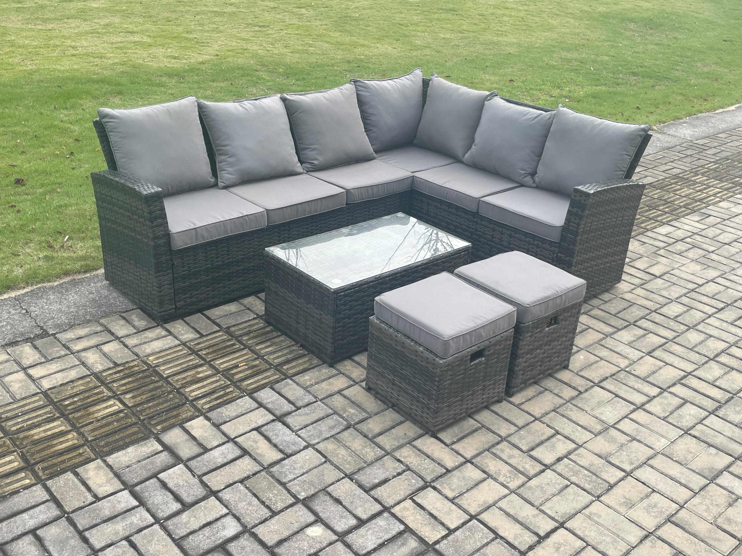 GARTENSOFA SET Hohe Rückenlehne Polyrattan Dunkelgrauer Mix 8-Sitzer - Dunkelgrau/Grau, Glas/Kunststoff - Fimous