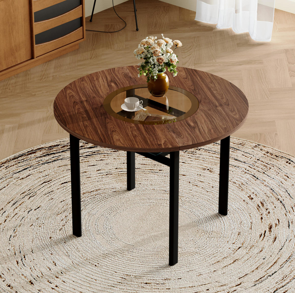 ESSTISCH 100 cm Braun/Schwarz aus Glas, Metall und MDF mit Glasintarsie - Braun, Holzwerkstoff (100/100/76cm) - OKMYHOME