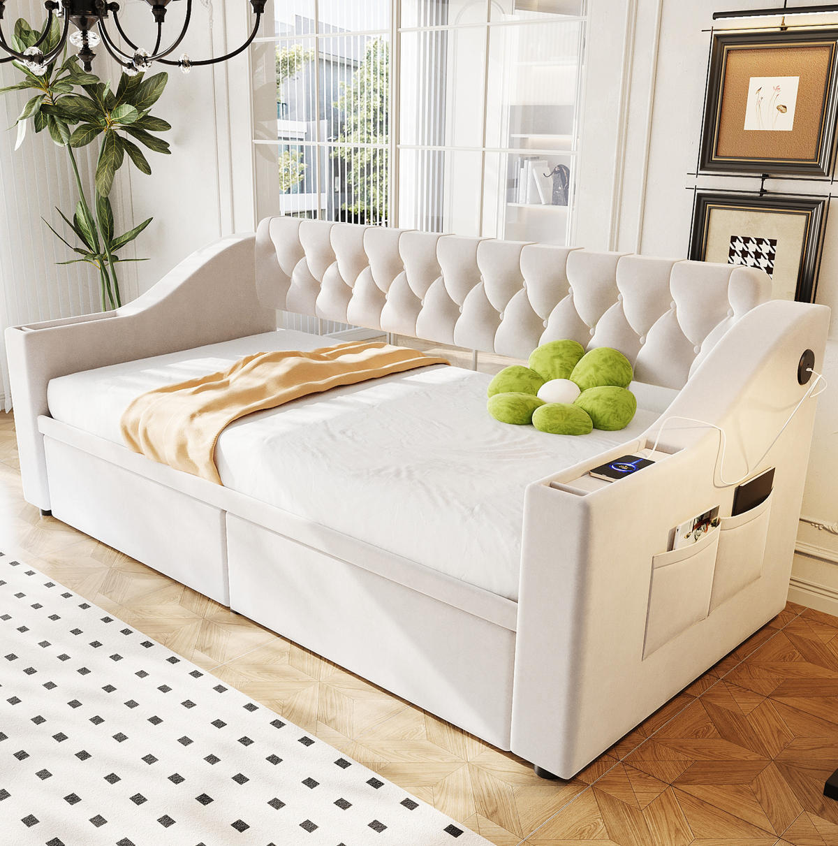 POLSTERBETT 90/190 cm Beige mit USB, Lattenrost und Stauraum - Beige, Textil (90/190cm) - MIVRAY