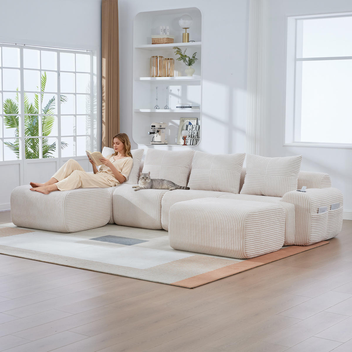 WOHNLANDSCHAFT 4-Sitzer Cord Beige mit Getränkehalter, Aufbewahrungstasche und mit Hocker - Beige, Textil (333/80/174cm) - WISHDOR