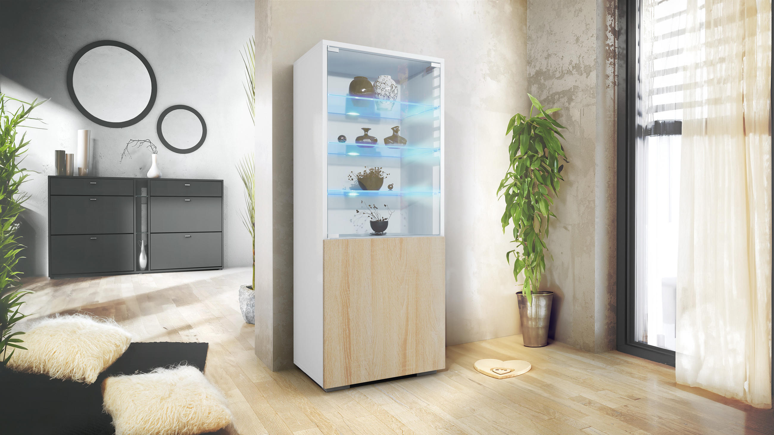 VITRINE Granada Eiche sägerau - Eiche San Remo, Holzwerkstoff (50/122.5/34.5cm) - Vladon