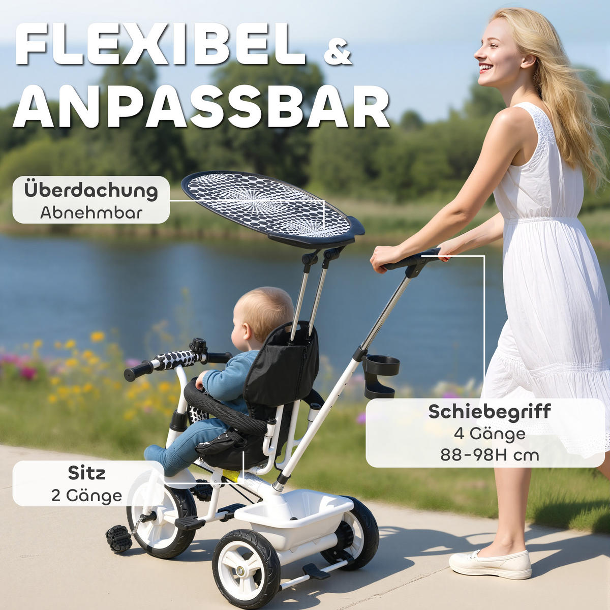 6-IN-1 Dreirad mit Schubstange, Kinderdreirad mit abnehmbarem Sonnendach Weiß - Weiß, Metall (105/47/98cm) - HOMCOM