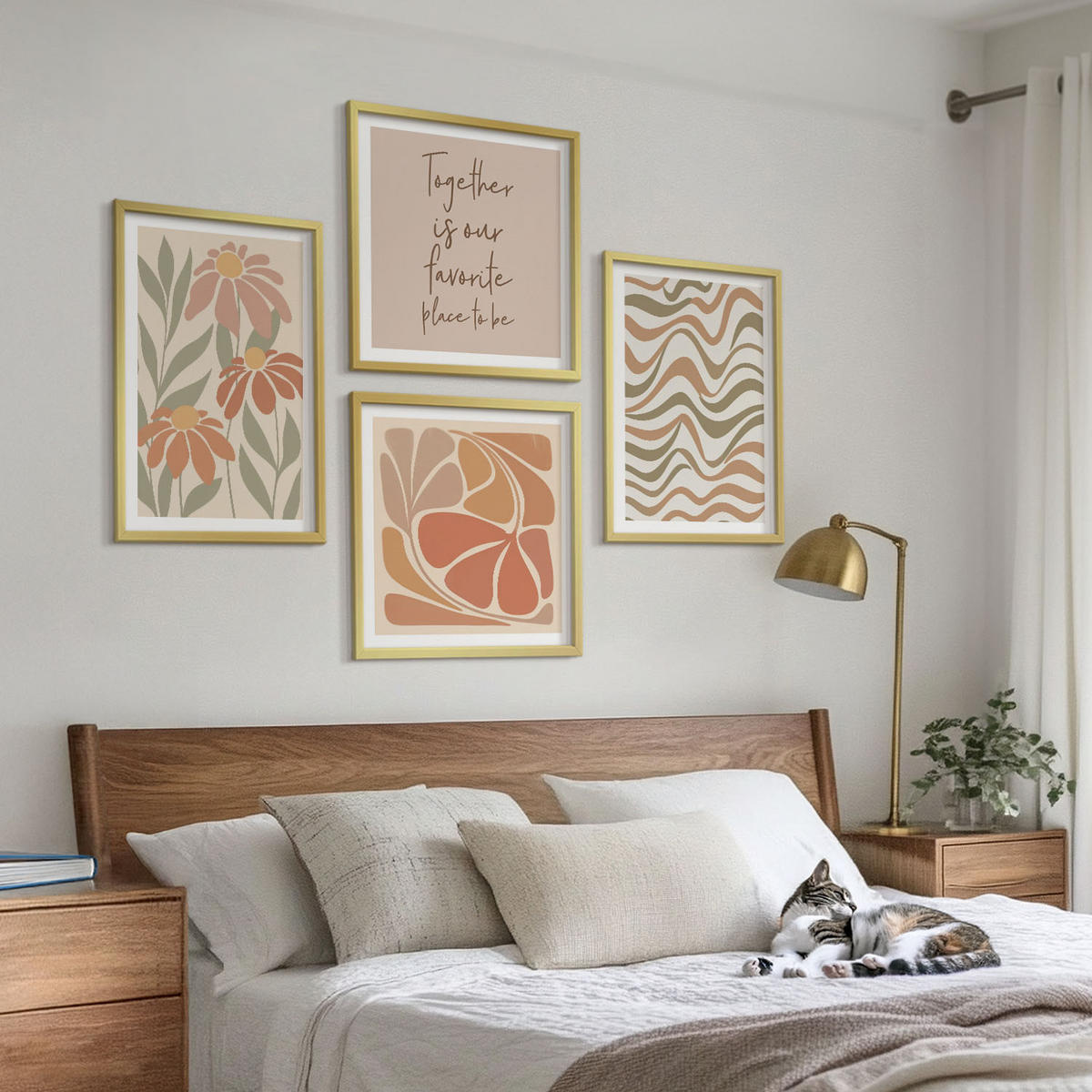 BILDER SET 4er Set - 50x50 cm & 40x60 cm Goldrahmen - Abstrakte Pastellblumen - Goldfarben, Kunststoff (50/50cm) - TULUP